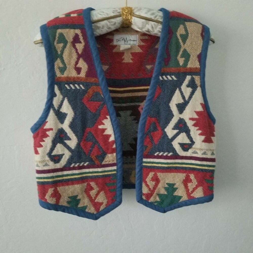 Vintage BMW Designs Fort Worth Texas Size S/M Cotton Ethnic Native Vest Red/Blue